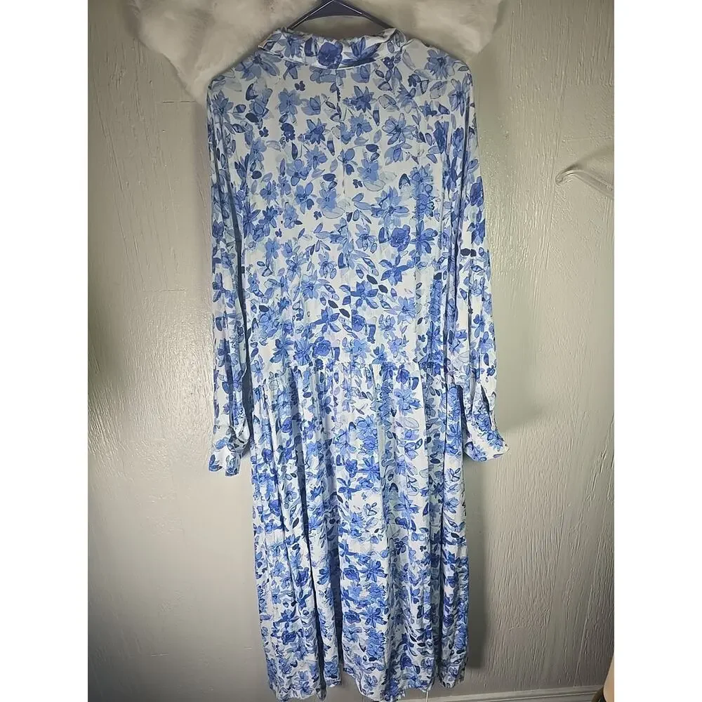 H&M Button Up Shirt Dress XL Blue Floral Oversized Lightweight Travel Summer - Picture 5 of 10